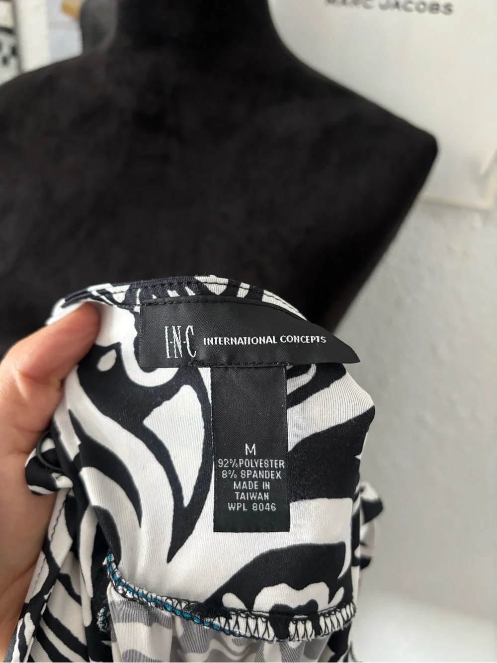 INC International Concepts Black & White Printed Maxi Dress with Teal Trim
